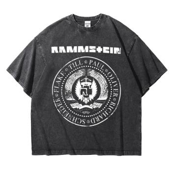 戰車Rammstein德國金屬樂隊復古做舊T恤重磅寬松落肩半袖阿美咔嘰