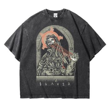 Slayer殺手樂隊周邊復古水洗做舊T恤阿美咔嘰重磅落肩寬松純棉bf
