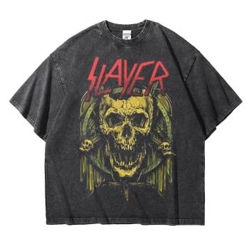 殺手Slayer朋克金屬樂隊潮牌復古做舊水洗純棉T恤夏重磅落肩寬松