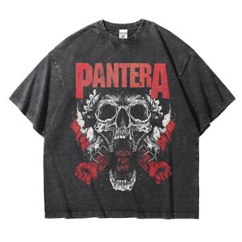 潘多拉PANTERA歐美樂隊復古做舊水洗T恤阿美咔嘰重磅落肩寬松純棉