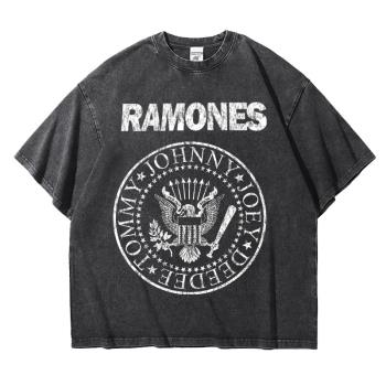 Ramones朋克雷蒙斯搖滾樂隊周邊復古做舊落肩T恤寬松阿美咔嘰重磅