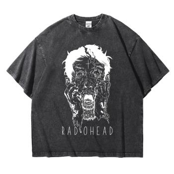 radiohead搖滾電臺司令樂隊水洗oversize落肩重磅做舊復古T恤寬松