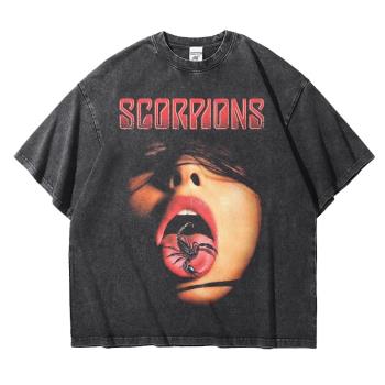 scorpions蝎子樂隊搖滾樂復古做舊周邊落肩寬松水洗T恤重磅純棉bf