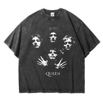 英國搖滾樂隊queen皇后復古做舊周邊水洗T恤阿美咔嘰重磅落肩寬松