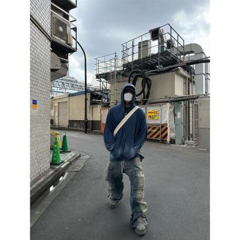 Ro acbt水洗漸變多口袋工裝直筒休閑抽繩闊腿喇叭牛仔褲capper款