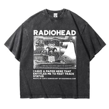 電臺司令radiohead英國搖滾樂隊重磅阿美咔嘰復古做舊落肩T恤寬松