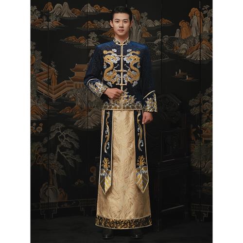 秀禾服2026新款新郎結婚禮服男士藍色大碼唐裝接親婚服龍鳳褂|秀禾服 