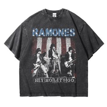 Ramones歐美朋克搖滾樂隊周邊復古做舊水洗純棉T恤重磅寬松落肩bf