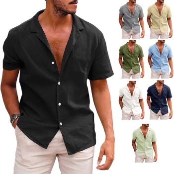 2023夏季新款純色翻領短袖襯衣男士大碼休閑美式襯衫Mens Shirts