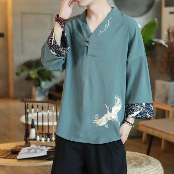 亞麻短袖t恤男士夏季薄款中國風男裝漢服古風仙氣七分袖唐裝半袖