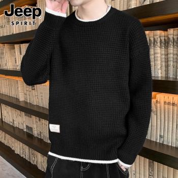 Jeep吉普毛衣男士外穿秋冬季新款韓版潮流黑色圓領針織打底衫男裝