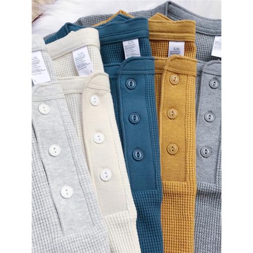 310g復古華夫格t恤長袖女針織衫亨利領純色精梳棉男正肩純棉上衣