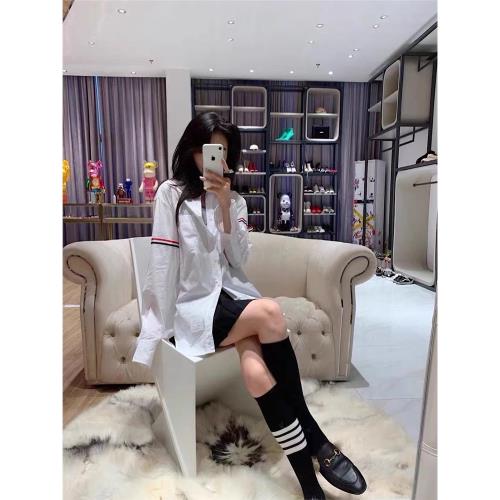TNNE TB府綢長袖襯衫純棉修身男女款紅白藍織帶短袖五分袖襯衣