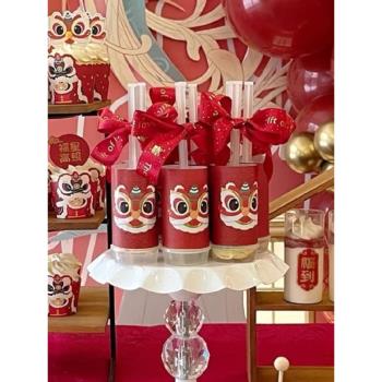 醒獅推推樂貼紙紅色國潮風甜品臺裝飾舞獅周歲蛋糕擺件中式中國風