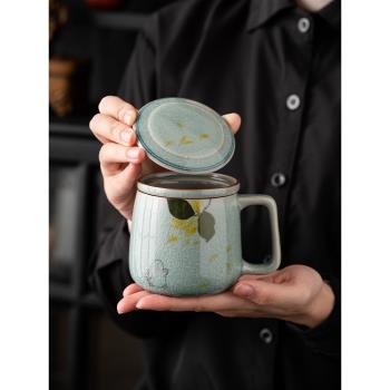 冰片手繪玉兔馬克杯帶蓋辦公室泡茶杯個人專用茶水分離杯子陶瓷杯