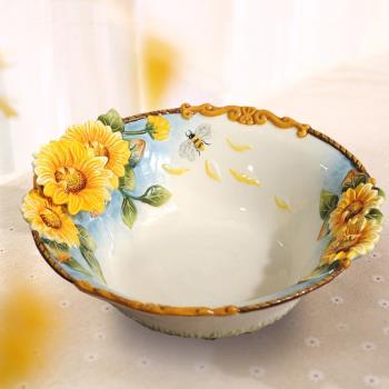 方亞陶瓷向日葵太陽花大果碗家居茶幾餐桌裝飾碗手繪陶瓷釉下彩瓷