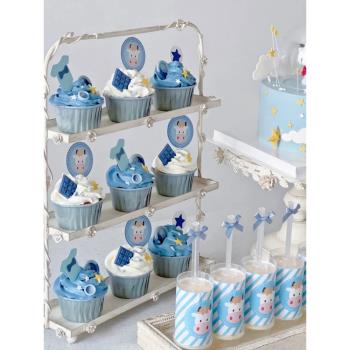 藍色牛寶寶甜品臺裝飾蛋糕插件小牛牛主題推推樂貼紙周歲生日布置