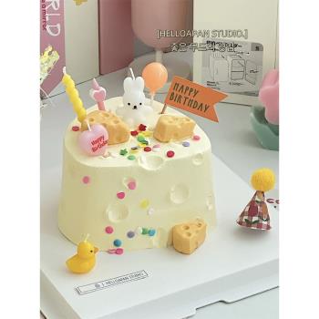 網紅ins韓國卡通兒童小白兔花朵熊復古生日蛋糕蠟燭派對裝飾插件