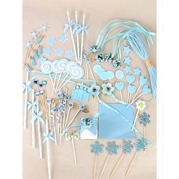 藍色系甜品臺裝飾插件絲帶棒棒糖蛋糕棍子主題男孩寶寶推推樂貼紙