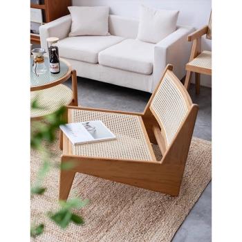 侘寂風實木極簡單人椅懶人設計師沙發椅子網紅客廳陽臺藤編袋鼠椅