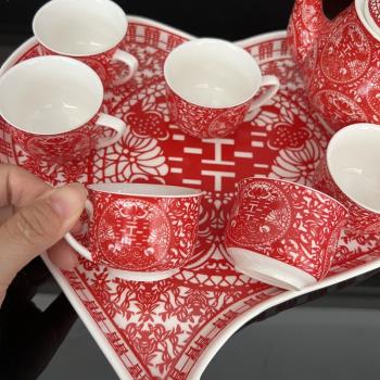 結婚婚慶傳統新人敬茶茶具套裝女家新娘嫁妝創意喝茶雙喜陶瓷杯子