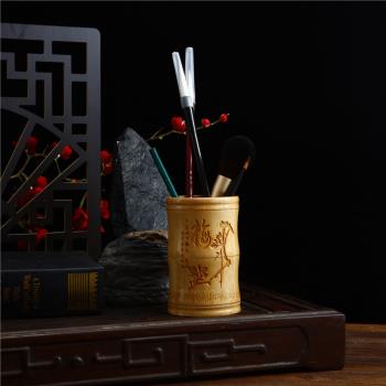 天然竹木筆筒多功能復古圓形筆桶中國風辦公室文房四寶擺件收納盒