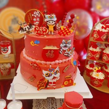 醒獅子甜品臺插件中國風周歲蛋糕裝飾平安喜樂滿月舞獅推推樂貼紙