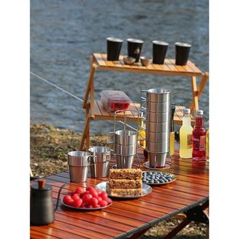 戶外野營雙層6件水杯子不銹鋼304食用級露營茶杯咖啡杯啤酒杯折疊