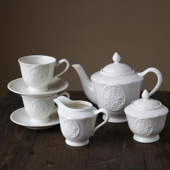 W1962出口歐洲陶瓷白色法式宮廷女王浮雕茶壺咖啡杯碟/奶壺糖罐