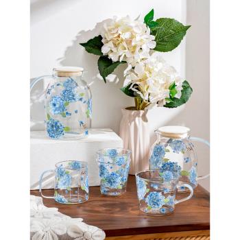 西比爾繡球花玻璃冷水壺玻璃杯套裝耐高溫家用大容量涼水壺高顏值