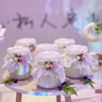 婚禮甜品臺裝飾白色蕾絲布丁杯封口裝飾木質love蛋糕插件ido插牌