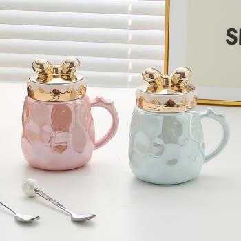 蝴蝶結馬克杯帶蓋勺創意陶瓷杯子女生家用情侶喝水杯辦公室咖啡杯
