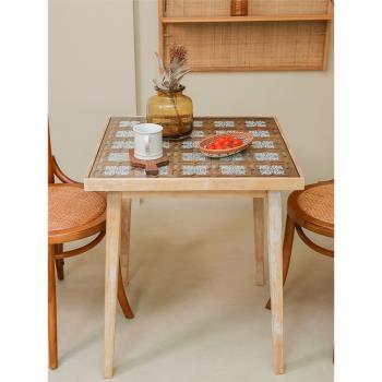 法式復古實木咖啡桌做舊北歐風洽淡桌雕花餐桌歐式甜品店小方桌洽