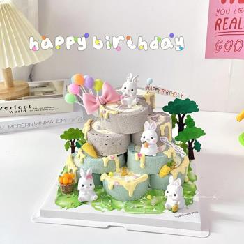 烘焙蛋糕裝飾森系可愛小兔子蘿卜兔竹筐女孩女生生日蛋糕插件擺件