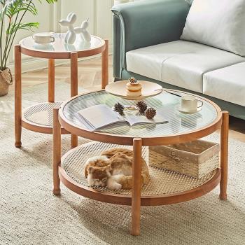 北歐圓形玻璃茶幾組合家用小戶型客廳藤編網紅創意茶幾簡約小圓桌