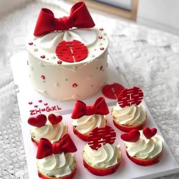 中式訂婚宴紅色紙杯蛋糕裝飾擺件喜字雙喜婚禮結婚甜品臺婚慶插件