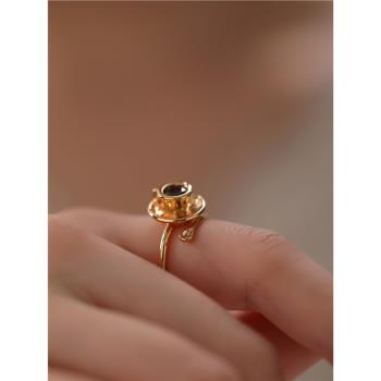 小眾設計款Coffee time女式戒指法式輕奢款可調節氣質鍍金戒指