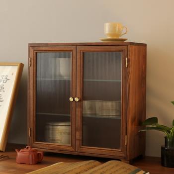 日式桌面實木黑胡桃茶室茶道器皿杯子收納柜玻璃雙門多層儲物邊柜
