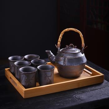 大容量陶瓷提梁壺茶具套裝中式復古鐵釉窯變泡茶壺茶杯1000毫升壺