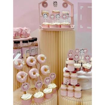 粉色奶牛寶寶甜品臺裝飾周歲生日主題蛋糕插件牛牛插牌推推樂貼紙