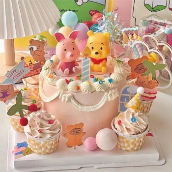 網紅維尼熊小豬虎蛋糕裝飾擺件兒童卡通紙杯生日烘焙派對裝扮插件