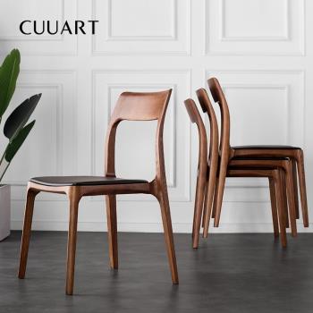 北歐實木餐椅現代簡約家用真皮設計師復古可疊放書桌靠背餐廳椅子