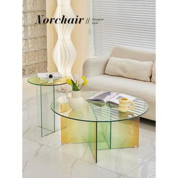 NORCHAIR北歐鋼化玻璃茶幾輕奢彩色客廳邊幾網紅異形圓形家用茶桌