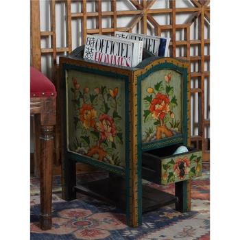 古典手繪雜志書報箱實木小角落字畫儲物柜架彩漆做舊復古邊幾西藏