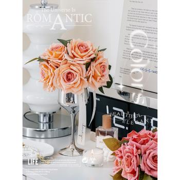RoomTour卡布奇諾玫瑰高腳杯仿真花輕奢高端假花裝飾花擺件擺設