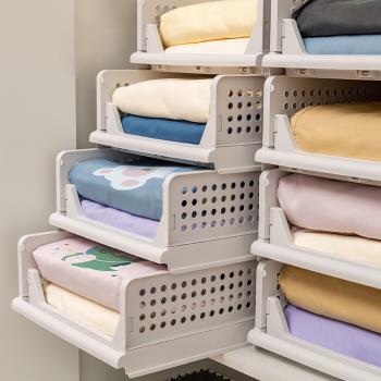 日式臥室衣櫥衣柜分層收納籃抽屜式整理隔板分隔堆疊可折疊收納筐