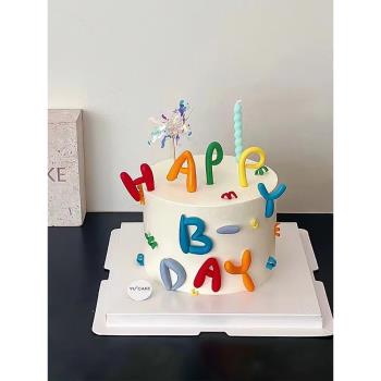 韓系ins卡通彩色happybirthday字母蛋糕裝飾插件扭扭蠟燭生日插牌