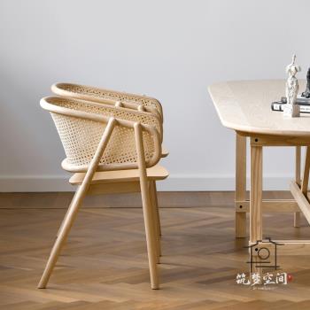 北歐ins實木藤編單人靠背家用輕奢餐椅設計師創意書桌椅樣板房椅