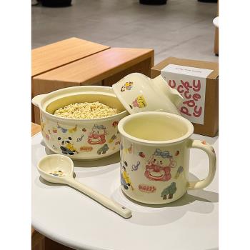 可愛雙耳陶瓷泡面碗帶蓋勺宿舍學生少女心韓式方便面碗奶油風餐具
