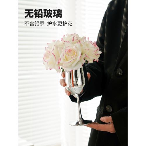 高級感輕奢仿真花客廳裝擺件高腳杯玻璃花瓶插花花藝餐桌花假花花